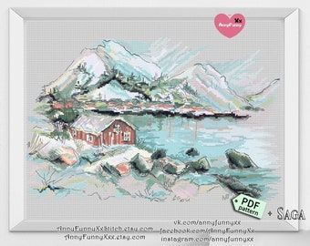 Lofoten Islands Cross stitch pattern PDF Norway red house landscape Scandinavian culture Norwegian gifts Swedish Sweden Gifts for Traveller
