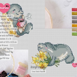 May include: Cross stitch pattern with two manatee designs. One manatee is in plaid, the other with daffodils. The patterns include full and half stitches, and backstitch without blends. The dimensions are 6.89 x 7.26 cm and 9.25 x 6.35 cm.