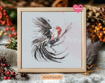 May include: A framed cross-stitch embroidery of a rooster in a black and white ink style with a red comb and wattle. The rooster is in a dynamic pose with its wings spread and tail feathers fanned out.