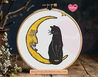 Black Cat Moon Cross Stitch Pattern: Primitive Halloween Embroidery (PDF)