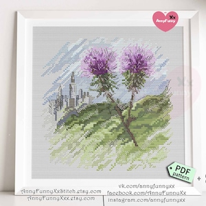 Scottish thistle Cross stitch pattern PDF Scotland Wildflowers needlepoint embroidery patterns Highland village Landscape fields Farmhouse