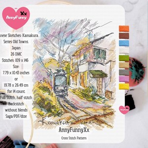 May include: Cross-stitch pattern featuring a Japanese street scene with a tram on tracks, buildings, and trees. The design is 7.79 x 10.43 inches, with the text "Japanese Sketches: Kamakura" and "AnnyFunnyXx".