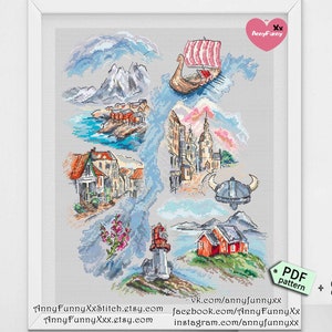 Illustrierte Norwegen Landkarte mit Symbolen Kreuzstichmuster Norwegische Kultur Skandinavische Geschenkidee Rot Nordische Haus Lofoten Insel Wikinger