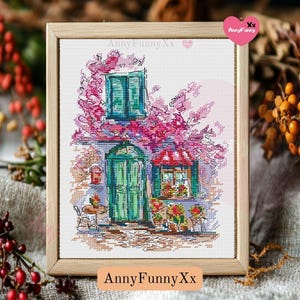 Lente cottage kruissteekpatroon, bloemen borduurontwerp, instant download charmante, gezellige cottage-core rustiek huis DIY-handwerkschema