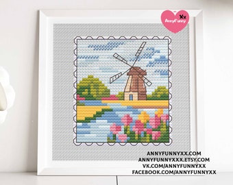 Windmill easy  cross stitch pattern Small embroidery Netherlands Holland Post stamp pattern for beginner Easy Gift DIY for calm