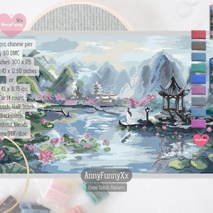 May include: Cross-stitch pattern of an "Ancient Chinese Pier" scene, with a pagoda, mountains, and a figure on a pier. The design is 54.43 x 31.75 cm and includes full and half stitches. The pattern is by AnnyFunnyXx.