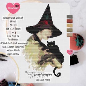 Vintage Witch Halloween cross stitch pattern PDF witches cat Embroidery design handmade Vintage style XStitch