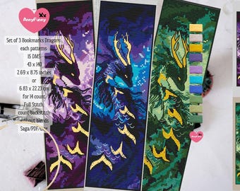 Set of 3 Bookmark Dragons Cross stitch pattern Dungeon magic design Epic Fantasy dragon gift for reader aesthetic Game masters Geek gift DIY