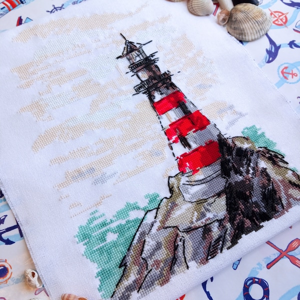 Red Lighthouse cross stitch pattern Sea ocean Embroidery design needlepoint chart Сoastal grandma  Lighthouse Coasters nautical themed Decor