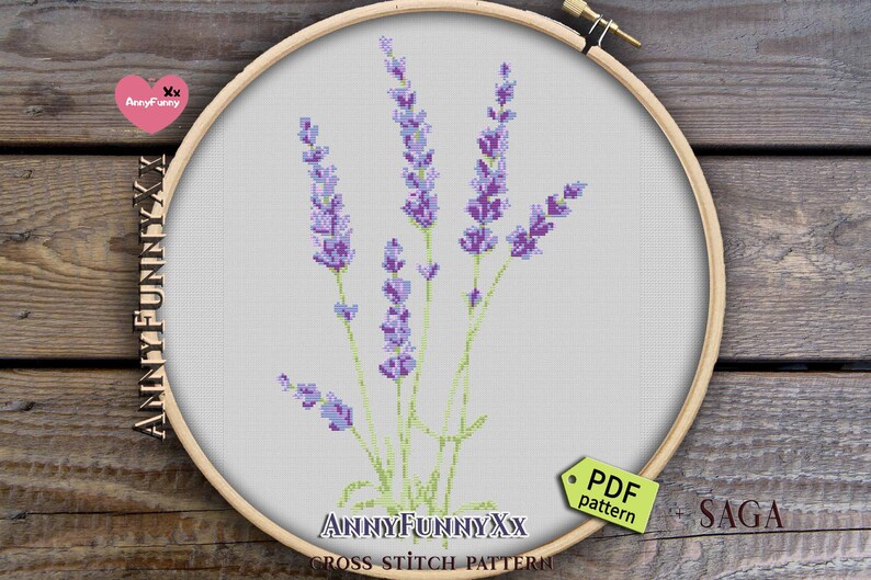 Embroidered Lavender Cross Stitch Pattern PDF Purple Flower Provence