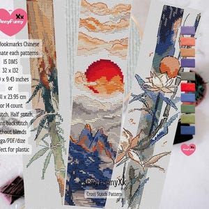 Segnalibro cinese Punto croce PDF Stile orientale asiatico Decorazione Corea Giappone Fatto a mano Floreale Regalo per amanti dei libri Bambù Loto Tramonto Fatto a mano