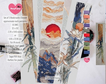 Chinese bookmark Cross Stitch PDF Oriental Asian style decor Korea Japan Handmade Floral Book lover gift Bamboo Lotus Sunset Handmade