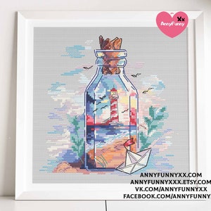 Lighthouse cross stitch pattern PDF Sea cross-stitch Ocean Embroidery design Birthday gift Beginner needlepoint chart Lighthouse in bottle