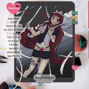 May include: A cross-stitch pattern featuring a pixelated illustration of a spooky nurse with long red hair, wearing a nurse's cap and holding a needle. The pattern includes the text "Spooky Nurse" and dimensions of 8.43 x 10.71 inches.