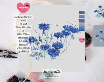 May include: A cross-stitch pattern featuring a detailed design of blue cornflowers. The design measures 15.00 x 11.00 inches and includes the text "Cornflower blue (big)" and "AnnyFunnyXx Cross Stitch Pattern".