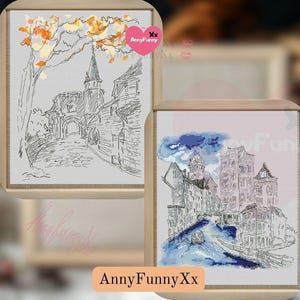 May include: Two black and white drawings of European cityscapes. The first drawing shows a street with a tall building and trees. The second drawing shows a street with a canal and buildings.