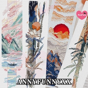 Set di 4 segnalibri cinesi Punto croce PDF Stile orientale asiatico Decorazione Corea Giappone Fatto a mano Floreale Regalo per gli amanti dei libri Bambù Loto Tramonto