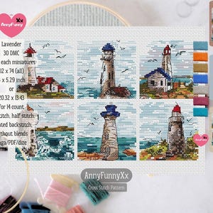 Lighthouse cross stitch pattern PDF Bundle Stormy seascape scene Needlepoint DIY Ocean Lighthouses Beacon Set of 6 embroidery Sailing Sea