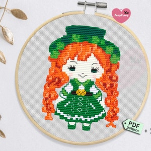 Kobold Mädchen Kreuzstich Muster: Irischer Wichtel zum St Patrick's Day (PDF-Muster)