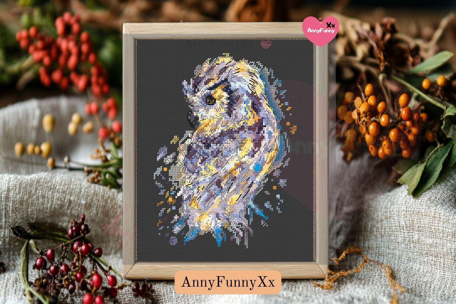 Watercolor Owl Cross Stitch Pattern: Bird Art (PDF Download)
