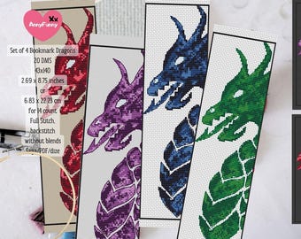 Dragon Bookmark Cross Stitch Pattern: Fantasy Set of 4 (PDF Pattern