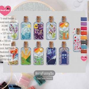 Cross Stitch Collection of 11 Mini Bottles Set of 11 Easy Embroidery Instant Download  Small bottle  Mini bottles Mason jar Xstitch Nature