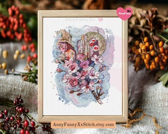 Sakura Cross Stitch Pattern: Japan Cityscape Embroidery (Digital Download)