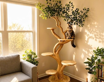 Krabpaaltoren van natuurlijk hout, moderne klimbaars, designspeeltuin kattenmeubels