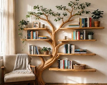 Handmade Tree Branch Bookshelf – Rustic Driftwood Floating Wall Shelf
