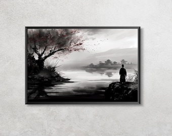 Samurai Looking Across The Lake | Digital Art Print | Wall Art | Digital Download | Home Decor | Printable Art | Wall Decor