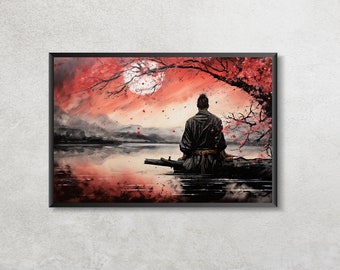 May include: A painting of a lone figure sitting on a wooden platform overlooking a lake. The figure is wearing a dark robe and has their back to the viewer. The background is a red and orange sunset with a full moon in the sky. There are cherry blossoms falling from a tree in the background.