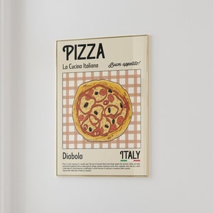 Pizza Print, Retro Kitchen Wall Decor, Pizza Diabola, Mid Century Modern, Rome, Italy Art, Housewarming, Exhibition Poster, Retro Wall Art
