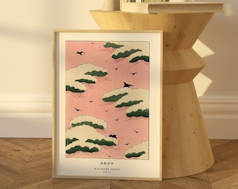 渡辺省亭 美術世界のピンクの空 ヴィンテージ日本の木版画アート
