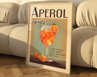 Retro Cocktail, Aperol Spritz, Illustration, Wall Art, Poster, Bar, Kitchen, Gift, Colourful Retro Wall Art, Home Bar Decor, Trendy Wall Art