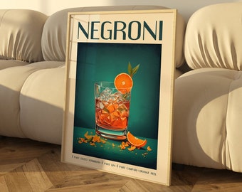Negroni Drink Print, Retro Cocktail Prints, Cocktail Wall Art Print, Cocktail Art, Green Wall Art, Printable Cocktail, Trendy wall Decor