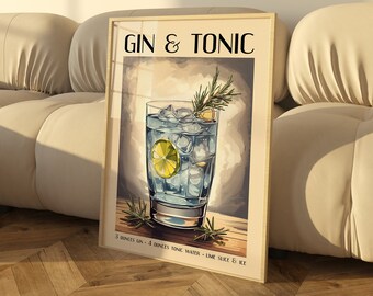 Gin and Tonic Print, Colorful Alcohol Print, Retro Wall Art, Printable Bar Art, Home Bar Decor, Kitchen Wall Art, Pastel Print, Trendy art