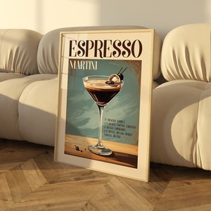 Impresión artística de Espresso Martini, póster de cóctel, arte negro, impresión de cóctel Martini beige, arte mural moderno, decoración de pared de cocina, decoración de dormitorio