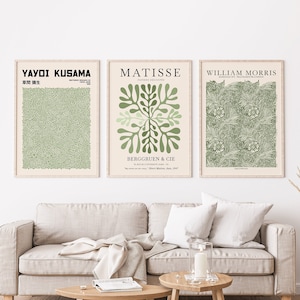Matisse Print Set, Matisse Poster, Sage Green Wall art, Gallery Wall Set of 3, Living Room decor, Exhibition Poster, William Morris Prints