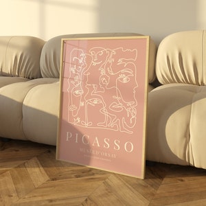 Impression d'art murale exposition Picasso, impression rose neutre, affiche minimaliste vintage abstraite, impression d'artiste célèbre, décoration murale rose de la galerie