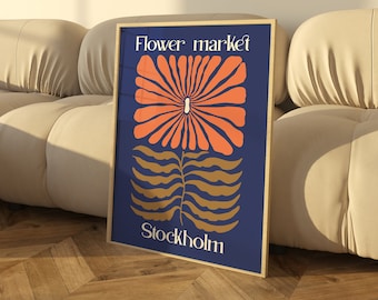 Navy Blue Flower Market Print, Vintage Exhibition Wall Art, Floral Pattern, Botanical Wall Art, Trendy Home Decor, aesthetic room decor
