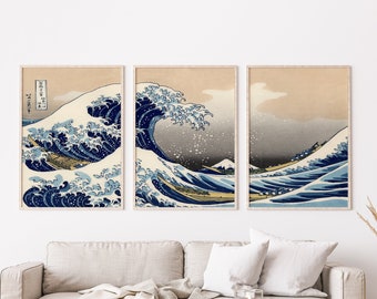 Japanisches Drucke 3er Set - Kanagawa Druck, Holzschnittkunst, Japanische Wandkunst, Galerie Wandkunst, Große Welle Druck, Hokusai Drucke,Kanagawa Kunst