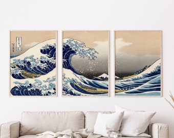 Japanese Prints Set of 3 - Kanagawa Print, Woodblock Art, Japanese Wall Art, Gallery Wall Art, Great Wave Print, Hokusai Prints,Kanagawa Art