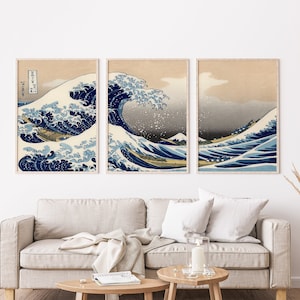 Set di 3 stampe giapponesi - Stampa Kanagawa, Arte xilografica, Arte murale giapponese, Arte murale da galleria, Stampa della grande onda, Stampe di Hokusai, Arte Kanagawa