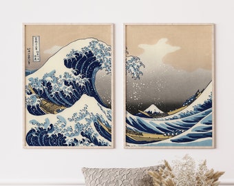 Japanese Set of 2 Posters, Japanese Art print, Japanese Wall Art, Gallery Wall Art, Great Wave Print, Hokusai Prints, Living Room Wall Art