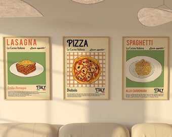 Pizza And Pasta Print, Food Wall Art Set, Pizza Poster set, Kitchen Wall art, Modern Kitchen Decor, Pizza Exhibition Print, Retro wall set