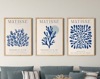 Juego de 3 impresiones coloridas de Henri Matisse, juego de póster de pared de Matisse, juego de 3 piezas de arte de pared de galería azul marino de mediados de siglo, impresiones de galería bohemias