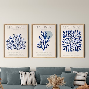 Henri Matisse Colorful Print Set of 3, Set of Matisse Wall Poster, 3 Piece Navy Blue Mid Century Gallery Wall art set, Boho gallery prints