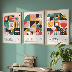 Set Of 3 Bauhaus Posters, Gallery Wall Bundle, Bauhaus Prints For Living Room, Blue Wall Art, Trendy Bauhaus Wall Art Set, Gift for her