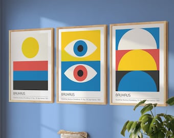 Conjunto de 3 piezas de arte mural Bauhaus, pósteres de exposición, paquete de pósteres abstractos retro, decoración Bauhaus, conjunto de galería de pared colorida, arte mural para sala de estar