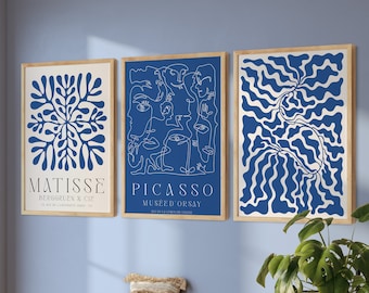 Henri Matisse Navy Blue Print Set of 3, Set of Matisse Wall Poster, 3 Piece Mid Century Gallery Wall art set, Boho gallery wall prints, Gift